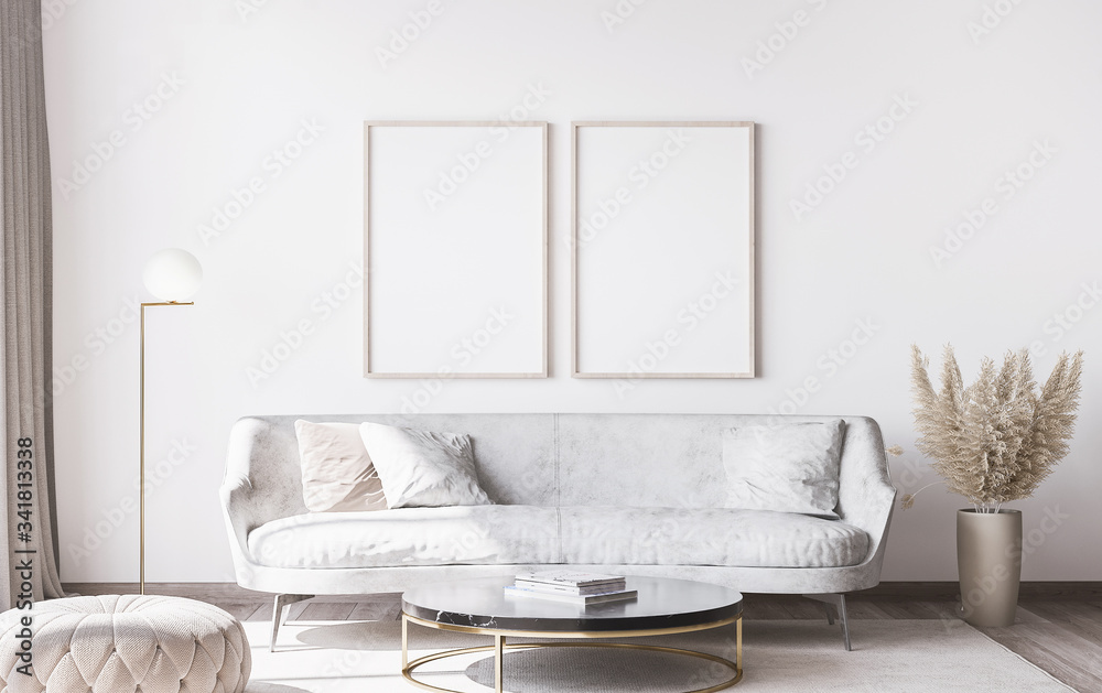 Frame mockup in stylish white modern living room interior, home decor - obrazy, fototapety, plakaty 