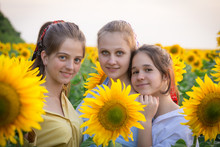Portrait Of Three Adorable Girls On Sunflower Field