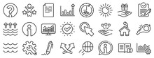 Customisation, Global Warming, Question Mark Icons. Waves, Sun, Efficacy Line Icons. Signature Rfp, Information, Efficacy. Waves, Consolidation, Operational Excellence. Question Mark, Whistle. Vector