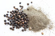 Peppercorns and ground pepper on a white background