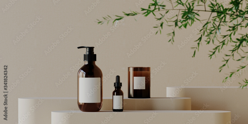 Minimal background for branding and product presentation. Cosmetic bottle on podium with green plant on beige background. 3d rendering illustration. - obrazy, fototapety, plakaty 