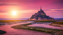 Panoramic View Of Famous Le Mont Saint-Michel Tidal Island At Sunset, Normandy, Northern France