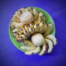Top View Of Bananas And Guava In A Green Plastic Plate On A Blue Carpet. This Image Contains Motion Noise, Blurry, Soft Focus And Poor Lighting.