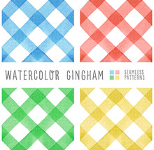 Set Of 4 Color Watercolor Gingham, Seamless Vector Pattern