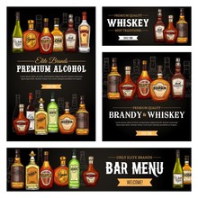 Bar Menu Vector Banners And Posters, Premium Quality Brand Alcohol Drink Bottles Sketch. Pub Whiskey, Rum And Absinthe, Wine And Scotch, Tequila, Vermouth And Cocktail Liquor Drinks Bottles