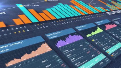 Sticker - Business stock market, trading, info graphic with animated graphs, charts and data numbers insight analysis to be shown on monitor display screen for business meeting mock up theme