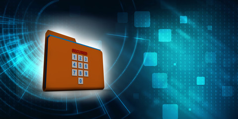 Poster - Yellow folder and lock. Data security concept. 3D rendering