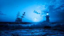 Sailing Old Ship In Storm Sea With Lighthouse On The Background Full Moon And Foreground Power Sea Wave "Elements Of This Image Furnished By NASA "