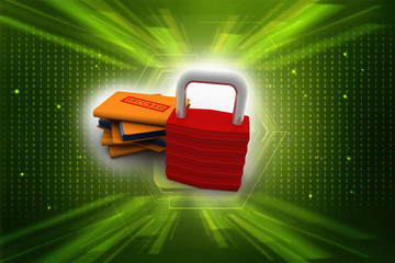 Poster - Yellow folder and lock. Data security concept. 3D rendering