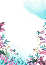 Watercolor Hand Painted Marine Frames With Underwater Pink, Blue And Lilac Corals, Seaweed, Gold Silhouettes, Fish