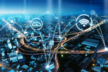 Poster - internet of things iot smart futuristic city landscape with information communication technology ict