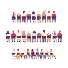 Sticker - University or College Students Sitting on Chairs in Class, Back View of Young People Studying Together Flat Vector Illustration