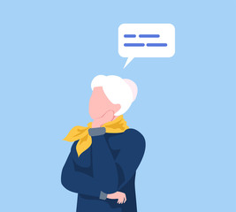 Wall Mural - Thoughtful Elderly Woman Communicating with Speech Bubble, Social Networking, Virtual Relationships Flat Vector Illustration