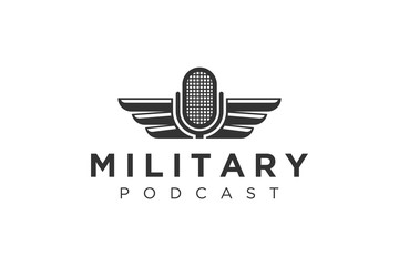 Military podcast microphone with wings logo design silhouette, broadcasting entertain studio.