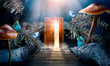 Leinwandbild Motiv Fantasy enchanted fairy tale forest with magical opening secret door and stairs leading to mystical shine light outside the gate, mushrooms and flying fairytale magic butterflies in woods