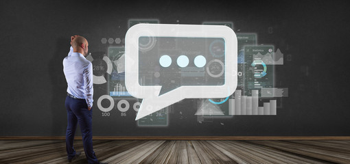 Poster - View of a Businessman holding a message icon with data in background - 3d rendering