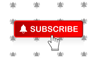 Poster - Red subscribe button with mouse pointer and notification bell icon flat in modern colour design concept on isolated white background. EPS 10 vector.