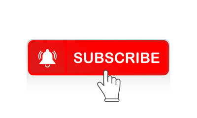 Poster - Red subscribe button with mouse pointer and notification bell icon flat in modern colour design concept on isolated white background. EPS 10 vector.