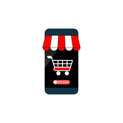 Poster - Online shopping, stores. The smartphone has become an online store. The concept of mobile marketing icon flat on an isolated background. EPS 10 vector.