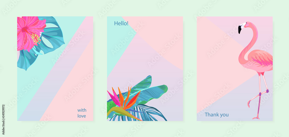 Tropical summer set with flamingos, palm leaves and hibiscus. For ...