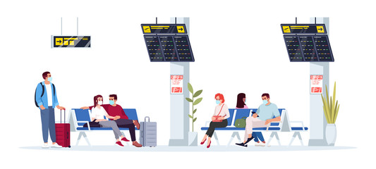 Poster - People wait for flight semi flat RGB color vector illustration