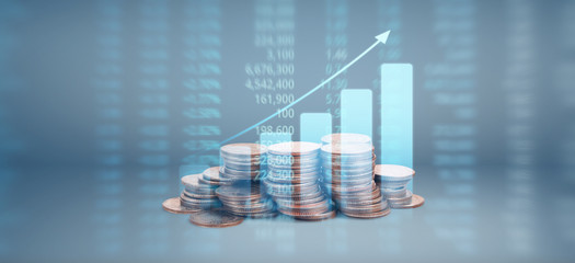 Graph stock market. Pile of Coins on stacks. investment  saving concept