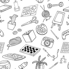 Outline doodle hobbies seamless pattern. Stay home concept. Top table and video games, painting, reading, sport, knitting illustration. Hand drawn vector texture for coloring, banners, design.