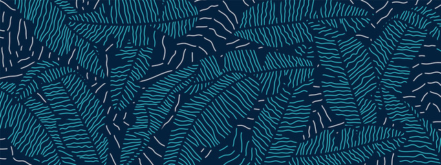Tropical banana leaf background, Luxury nature pattern design, banana leaf line arts wallpaper, Hand drawn outline design for fabric , print, cover, banner and invitation, Vector illustration.