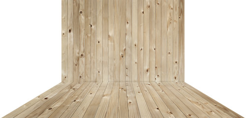 Wall Mural - Empty wooden mock up display from pine wood as perspective floor and flat wall with isolated on white background.