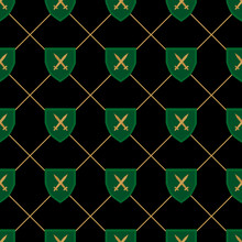 Medieval royal pattern with green shields and lines on the black background. Seamless ornament for fabric, scrapbook, posters, books. Vector illustration