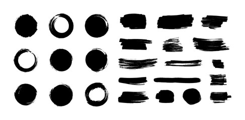 Wall Mural - Vector black paint brush strokes set isolated on white background, japanese enso circles, different ink blots, dry painting.