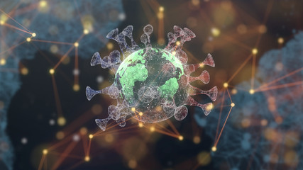 Wall Mural - 3d render of hazardous virus rotates over the glowing background with continents contaminated.