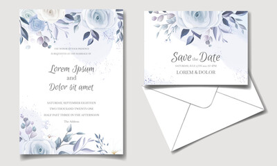 Elegant wedding invitation card template set with soft blue floral