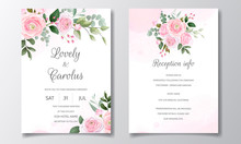 Elegant Wedding Invitation Card Template Set With Beautiful Pink Roses And Green Leaves