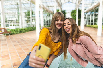 Wall Mural - Two Female Friends Taking a Selfie Indoors.