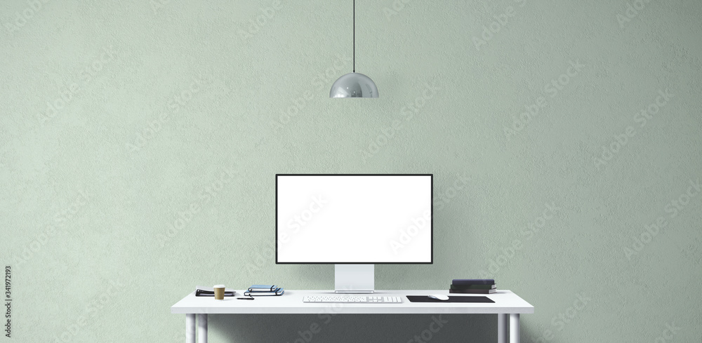 New computer display and office tools on desk. Blank desktop computer ...
