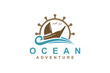© Muamanah - Sailing show ship logo with steering wheel and ocean waves elements.