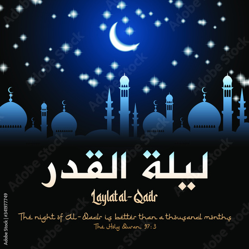 Laylat al-Qadr square banner or social media post vector. Moon crescent on night sky, stars, silhouettes of mosques, quran citation. Night of destiny or measures. Arabic text translation Laylat al-Qadr 