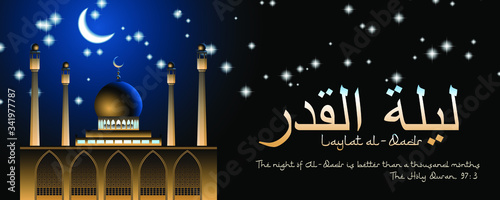 Laylat al-Qadr banner or website header vector template with illuminated mosque at night, moon crescent, stars, quran quote. Night of Decree or Power. Arabic text translation Laylat al-Qadr 