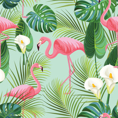 Wall Mural - Tropical pattern with flamingos. Vector seamless texture.