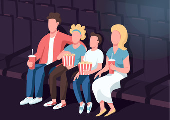 Poster - Family in cinema flat color vector illustration. Parents with children watching movie premier. Entertainment for teenage kids. Relatives 2D cartoon characters with interior on background