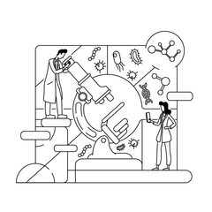 Poster - Scientific research thin line concept vector illustration. Biologists, scientists with microscope 2D cartoon characters for web design. Scientific lab research, medical engineering creative idea