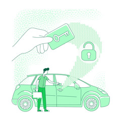 Poster - Vehicle access, keyless lock thin line concept vector illustration. Car door unlock card, man with electronic key 2D cartoon character for web design. RFID, secure and alarm system creative idea