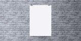 Fototapeta Tematy - Blank white paper hanging on brick wall. Poster clips empty template mockup.