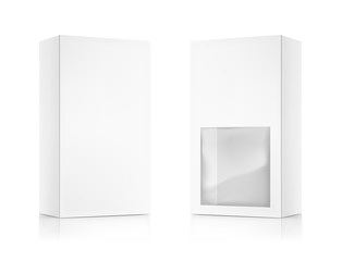 Universal mockup of blank cardboard box with transparent window. Vector illustration isolated on white background, ready and simple to use for your design. EPS10.	