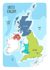 Poster - Hand drawn map of the United Kingdom including England, Wales, Scotland and Northern Ireland and their capital cities.