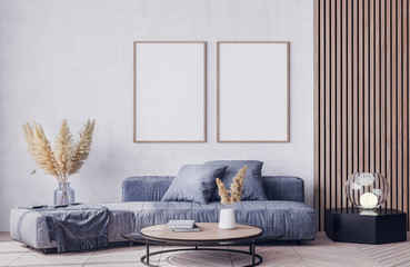 Scandinavian interior design of blue living room with modern furniture, vintage wallpaper background with wooden decoration, home decor, Poster mock up	