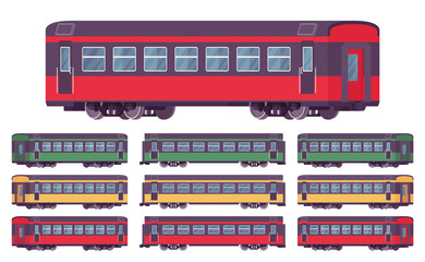 Wall Mural - Passenger bright train wagon set for travelling. Railroad high speed comfortable passenger rail service lounge car. Vector flat style cartoon illustration, different views and colors