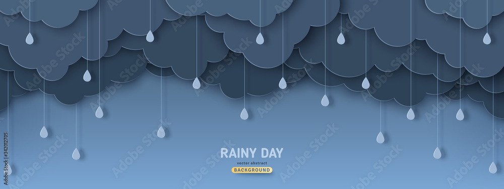 Overcast sky with rain drops in paper cut style. Vector illustration. Rainy day concept with dark clouds. - obrazy, fototapety, plakaty 