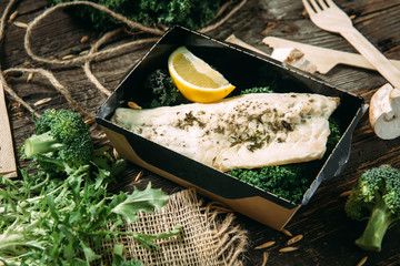 Wall Mural - healhy organic lunch white fish fillet with lemon